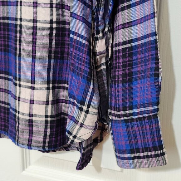 Chaps Ralph Lauren Women's Long Sleeve Flannel Top ~ Purple, Blue and White ~ PL - Picture 3 of 5